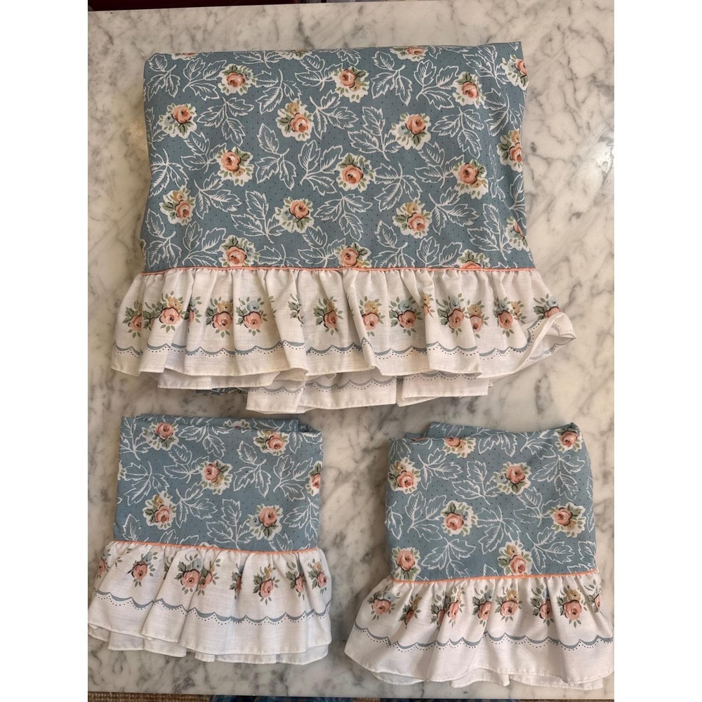 Lady Pepperell Vintage Blue Floral Full Flat Sheet 2 Pillowcases Ruffled Percale